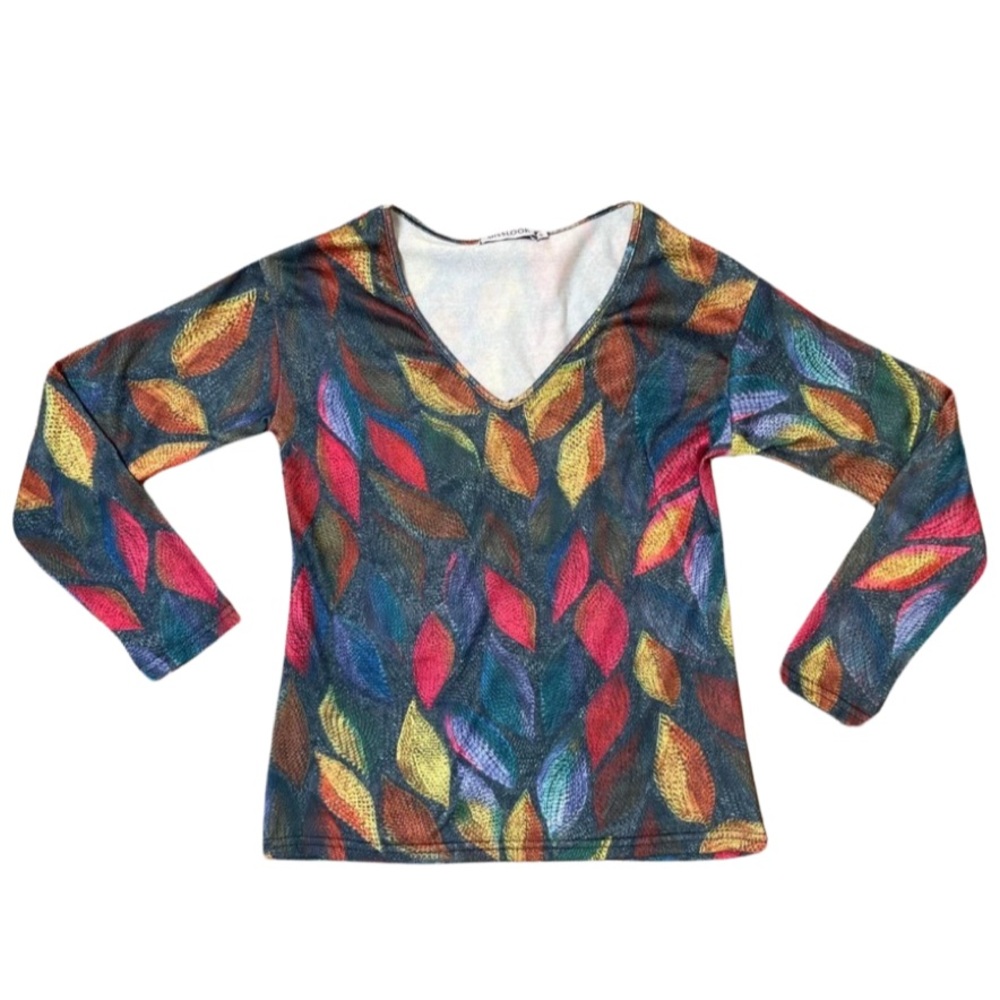 Misslook Colorful Leaf, Long Sleeve, V-Neck Top. Medium NWOT - Picture 2 of 7